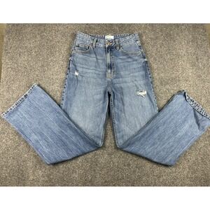 Bershka Womens Flare Jeans 6 Medium Blue Wash High Rise Stretch Distressed 28X31